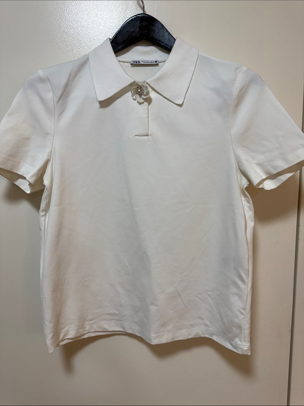 Zara Cream Short Sleeve Polo with Decorative Neck Detail